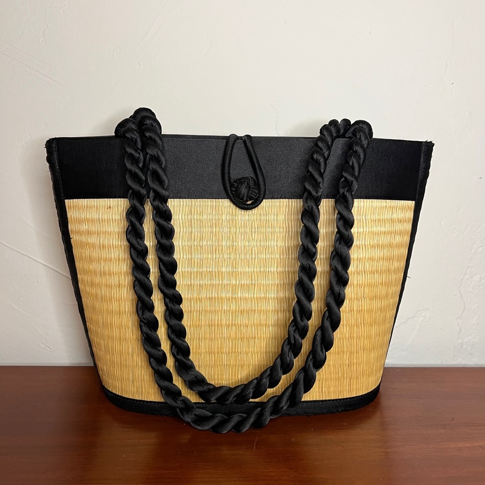 Black and Tan Tote Bag with Braided Handles and Two-Tone Design